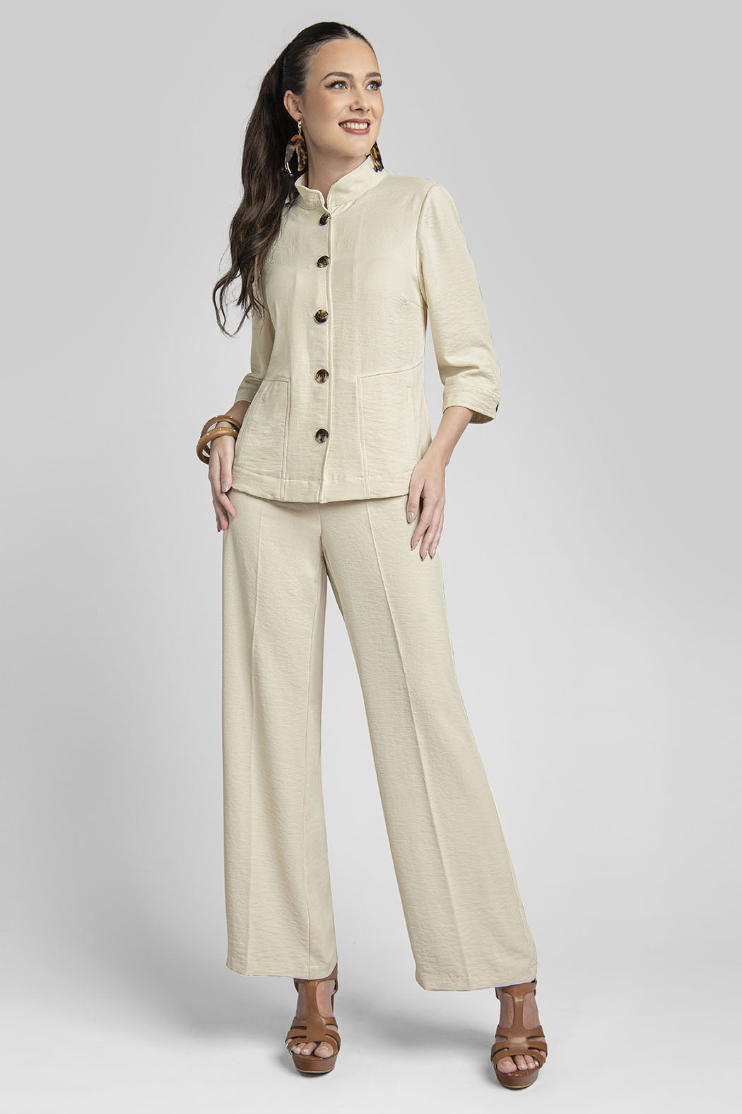 Conjunto De Pantalon Liso Corte Ancho Y Chamarra Ligera Con Botones Al Frente