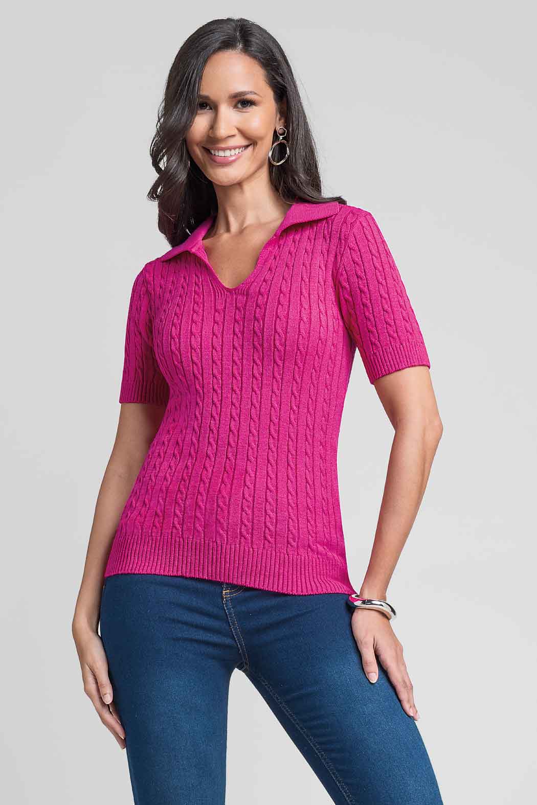 Blusa De Punto Con Manga Corta Y Cuello Sport