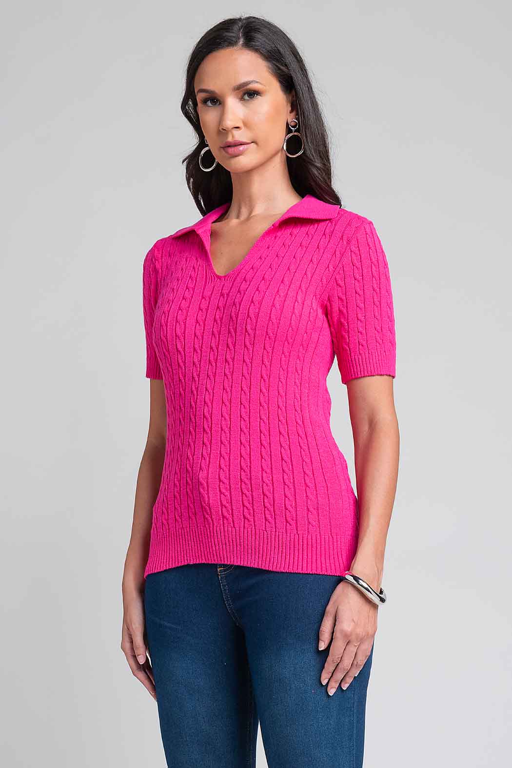 Blusa De Punto Con Manga Corta Y Cuello Sport