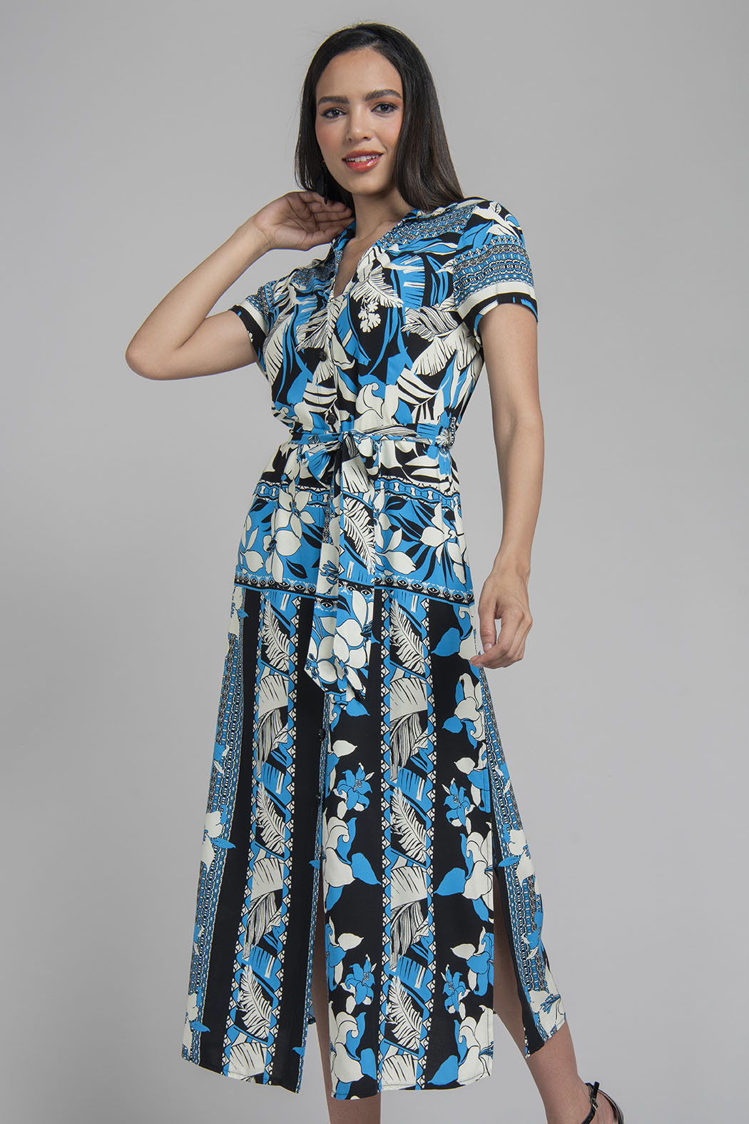 Vestido Largo Estampado Con Jareta En Cintura