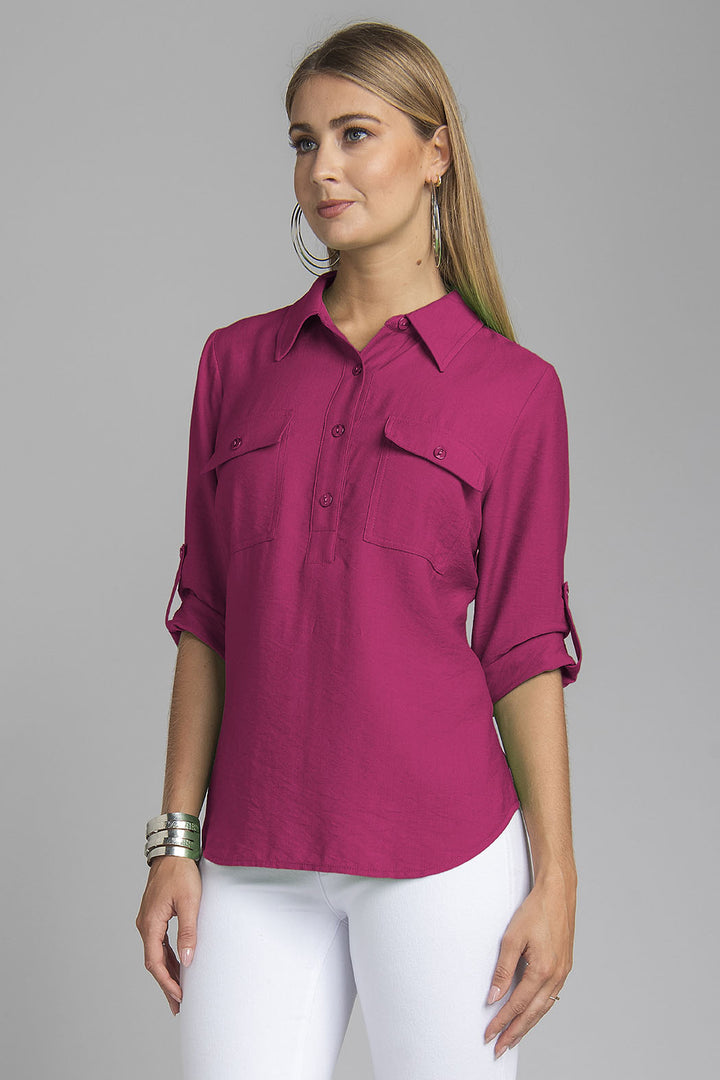 Blusa Lisa Cuello Sport Con Botones Y Bolsas Al Frente