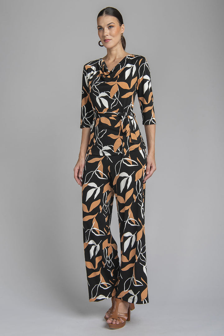 Conjunto De Pantalon Y Blusa Estampado De Hojas Con Detalle En Cuello Holgado Y Jareta En Cintura