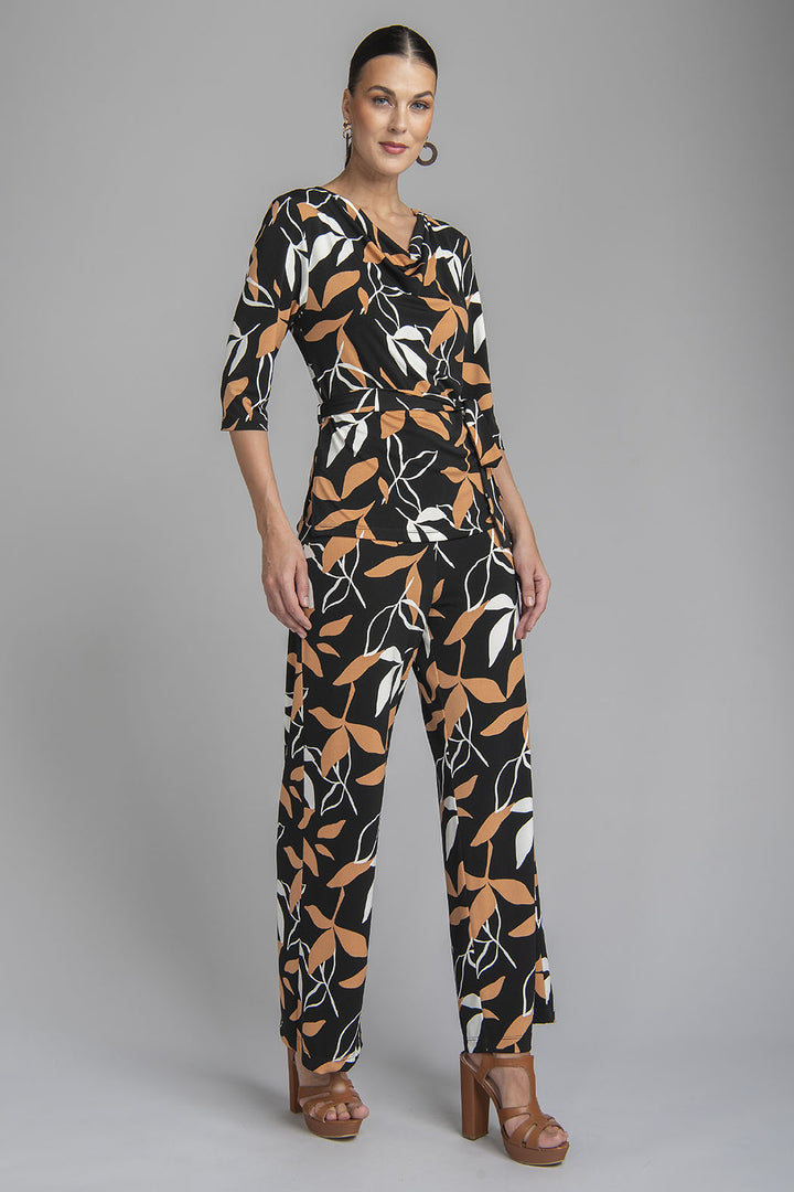 Conjunto De Pantalon Y Blusa Estampado De Hojas Con Detalle En Cuello Holgado Y Jareta En Cintura