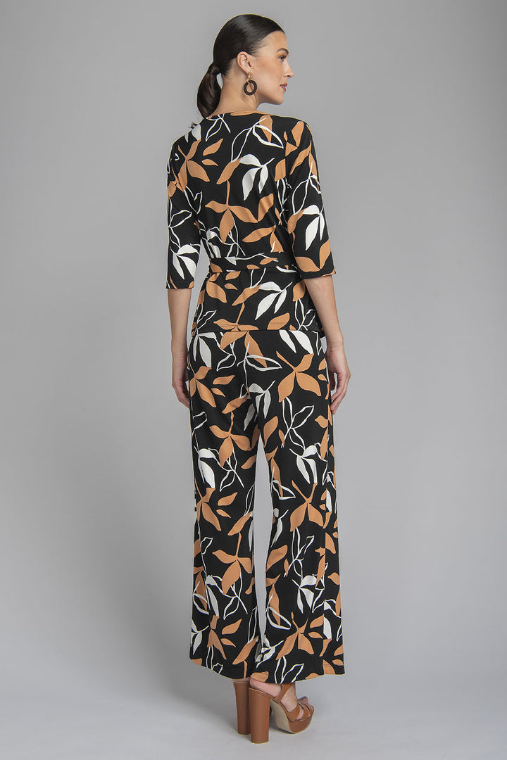 Conjunto De Pantalon Y Blusa Estampado De Hojas Con Detalle En Cuello Holgado Y Jareta En Cintura