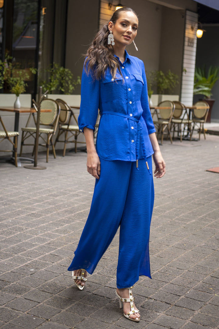Conjunto Liso De Pantalon Corte Amplio Y Blusa Camisera