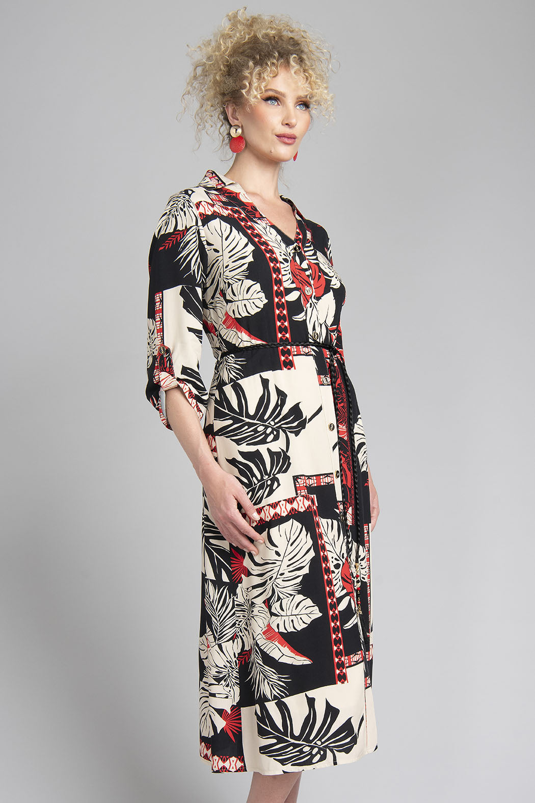 Vestido Largo Estampado De Botones Al Frente Cuello V Y Cinturon