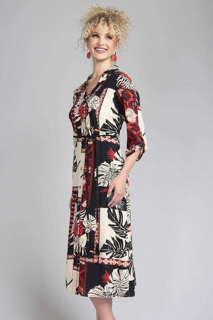 Vestido Largo Estampado De Botones Al Frente Cuello V Y Cinturon