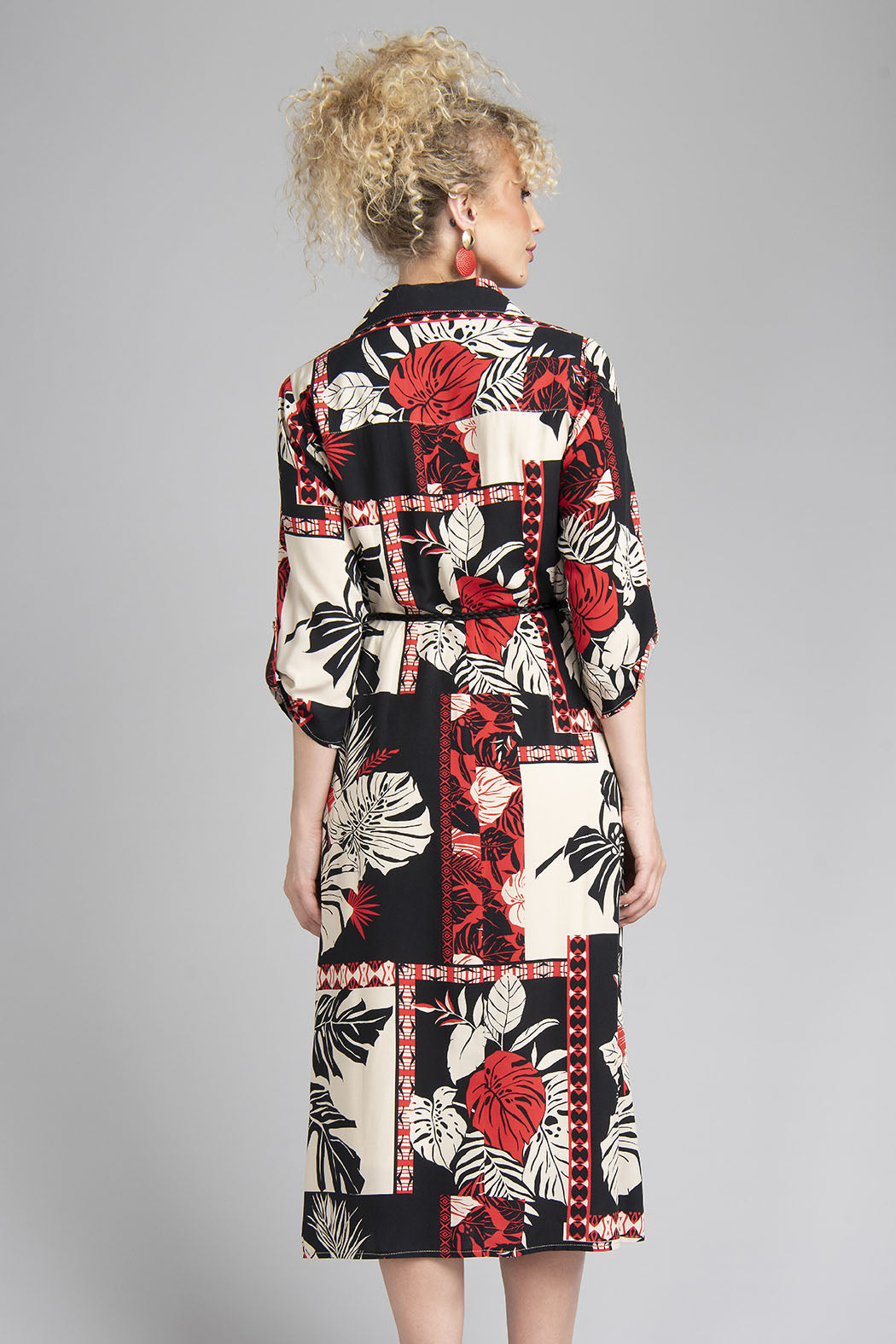 Vestido Largo Estampado De Botones Al Frente Cuello V Y Cinturon