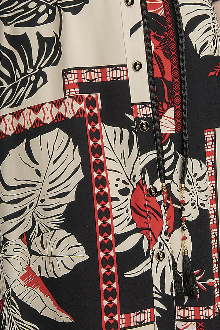 Vestido Largo Estampado De Botones Al Frente Cuello V Y Cinturon