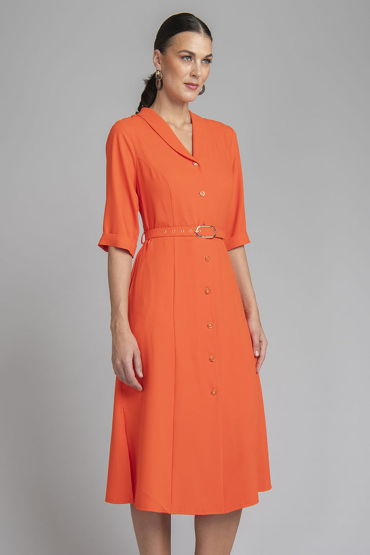 Vestido Liso Largo De Manga 3/4 Botones Al Frente Cinturon Y Abertura En Costados