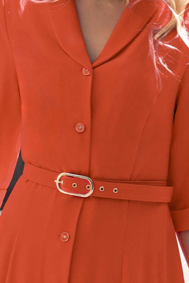 Vestido Liso Largo De Manga 3/4 Botones Al Frente Cinturon Y Abertura En Costados