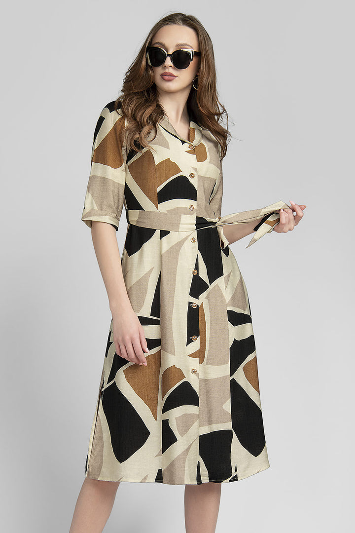 Vestido Estampado De Manga 3/4 Con Botones Al Frente Y Y Jareta En Cintura