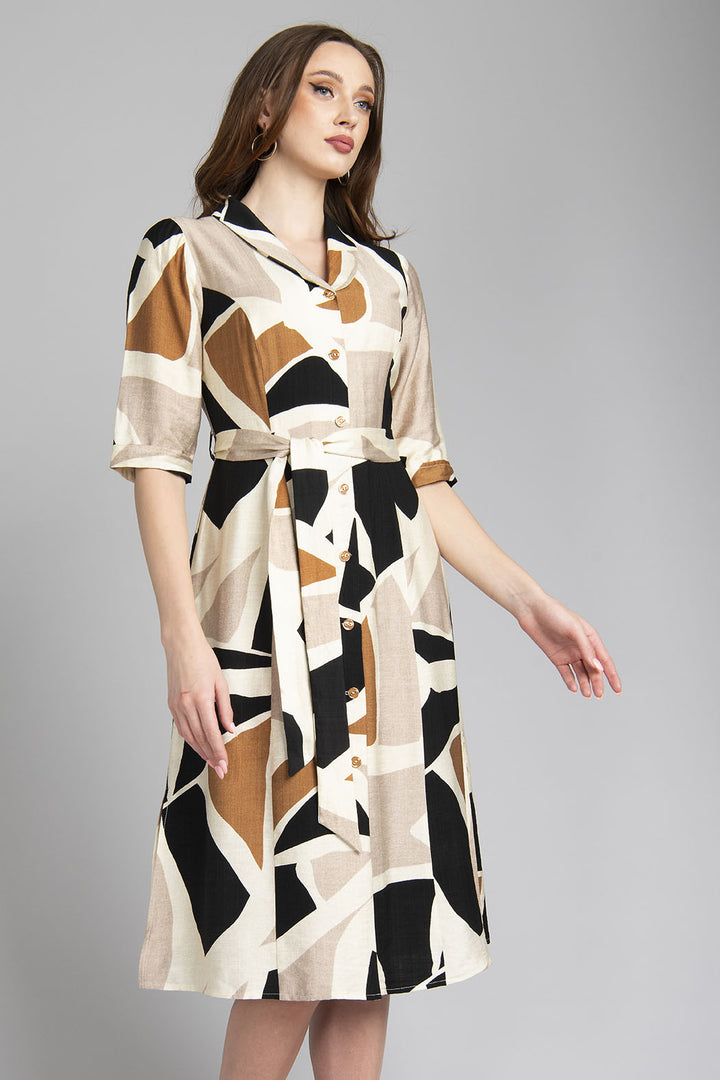 Vestido Estampado De Manga 3/4 Con Botones Al Frente Y Y Jareta En Cintura