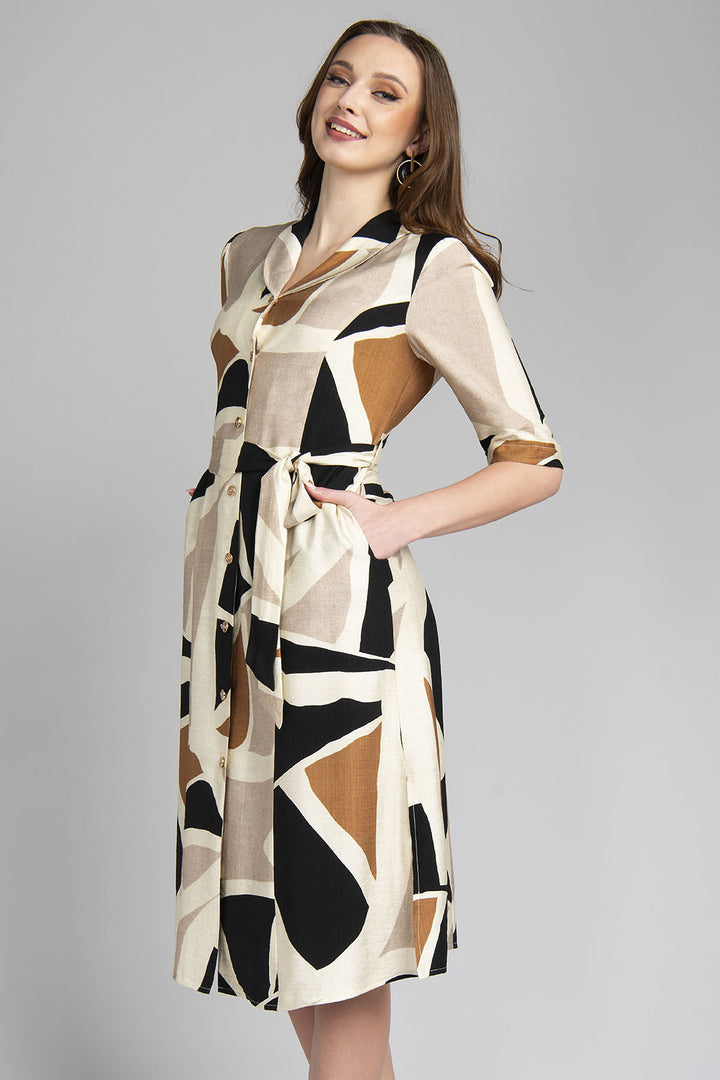 Vestido Estampado De Manga 3/4 Con Botones Al Frente Y Y Jareta En Cintura