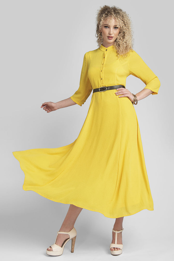 Vestido Largo Liso Con Botones En Cuello Manga 3/4 Y Cinturon