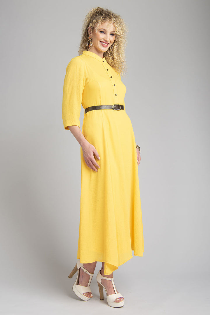 Vestido Largo Liso Con Botones En Cuello Manga 3/4 Y Cinturon