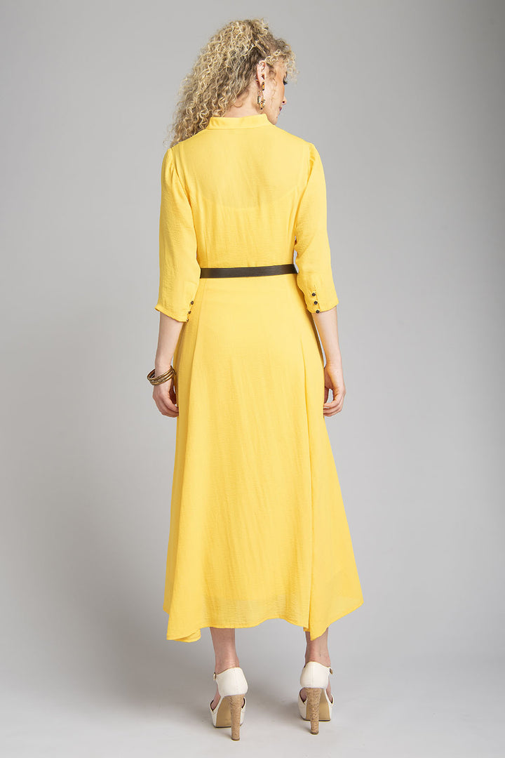 Vestido Largo Liso Con Botones En Cuello Manga 3/4 Y Cinturon