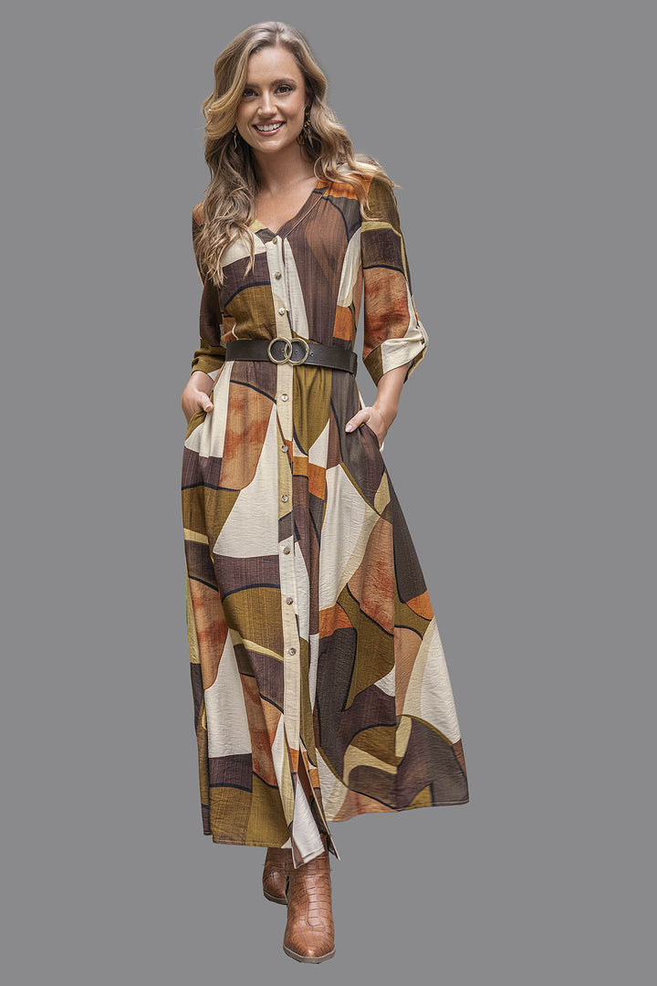 Vestido Largo Camisero Estampado Con Cinturon