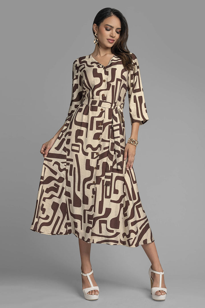 Vestido Largo Estampado Con Botones Al Frente