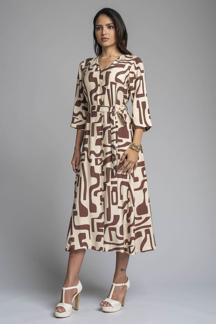 Vestido Largo Estampado Con Botones Al Frente