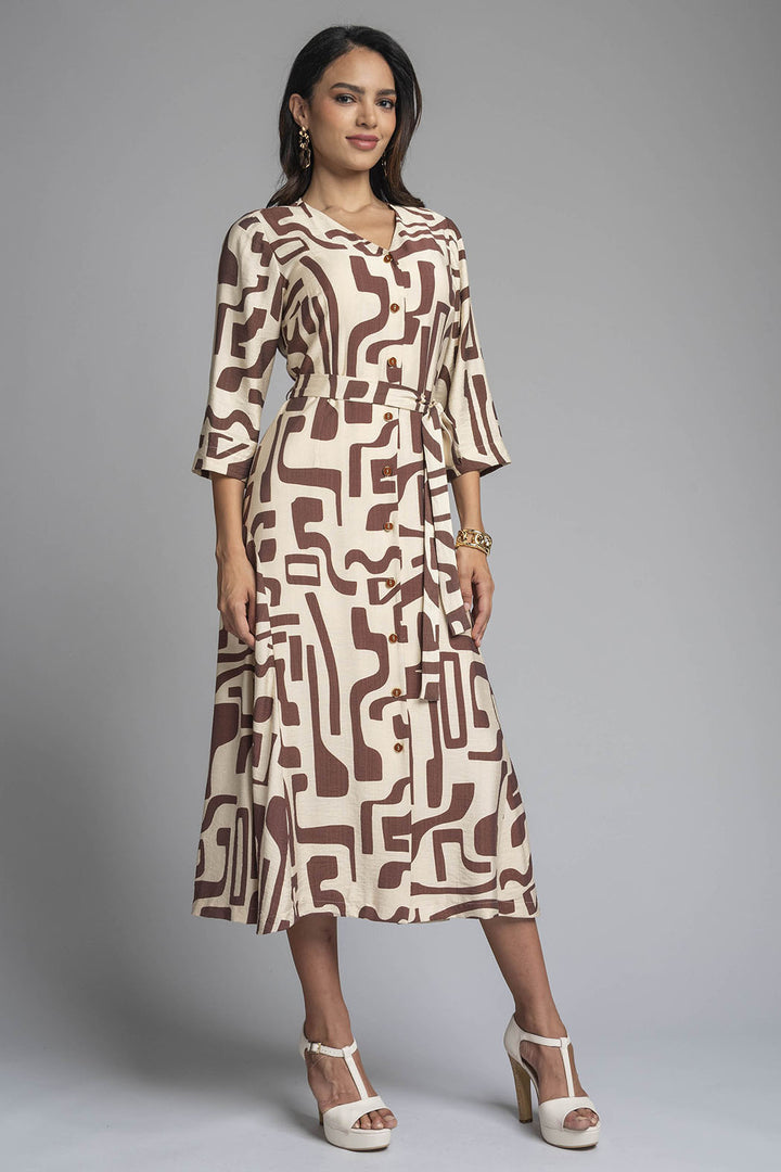 Vestido Largo Estampado Con Botones Al Frente