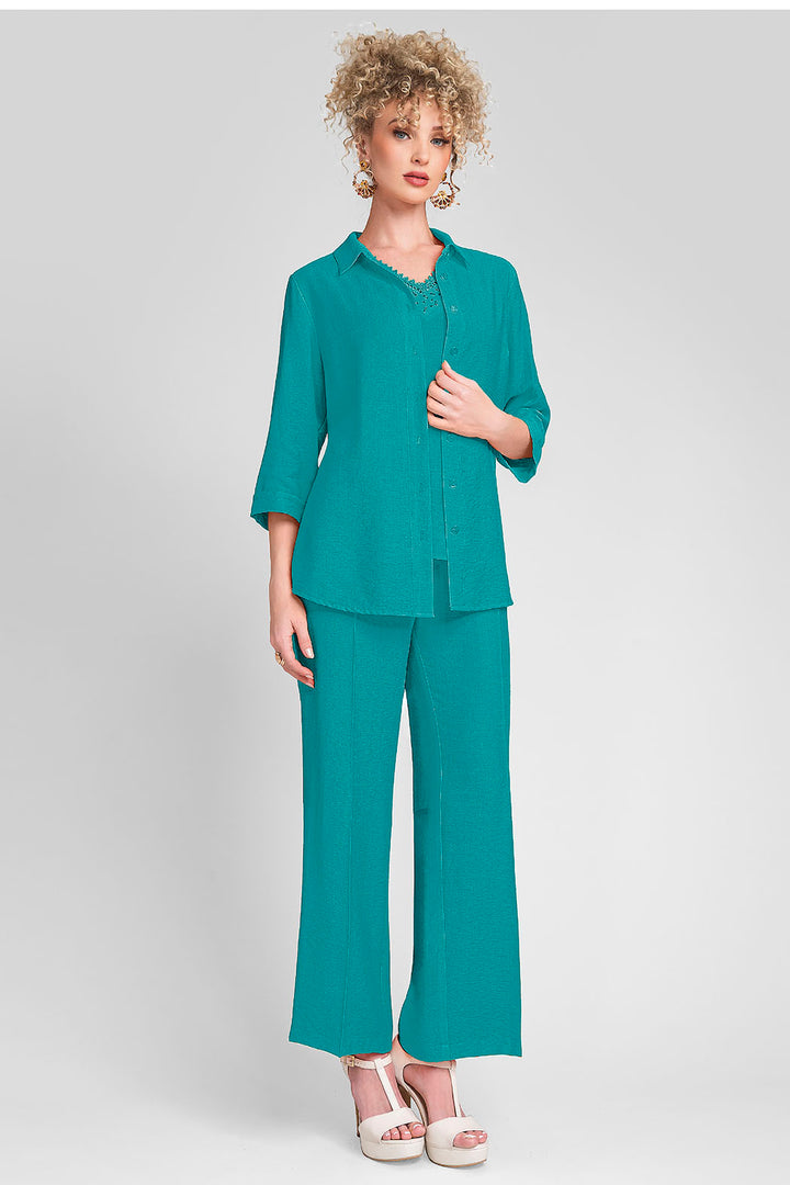 Conjunto De Pantalon Con Top Y Blusa Lisa