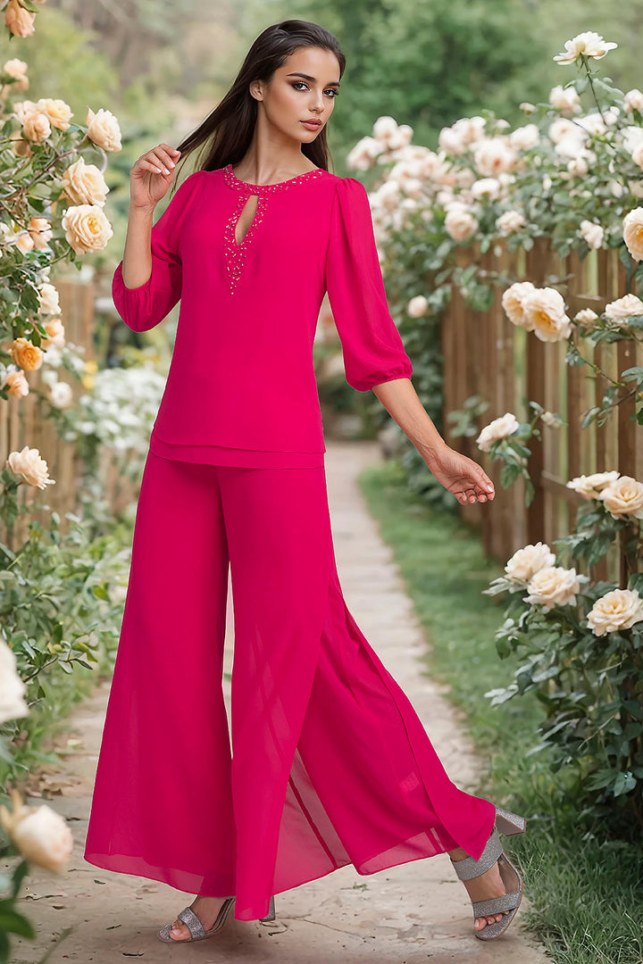 Conjunto De Pantalon Con Blusa Y Pedreria En Cuello