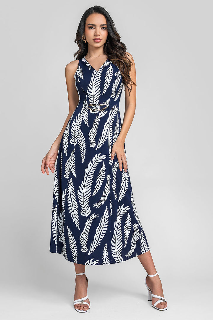 Vestido Largo Sin Mangas Con Estampado De Hojas