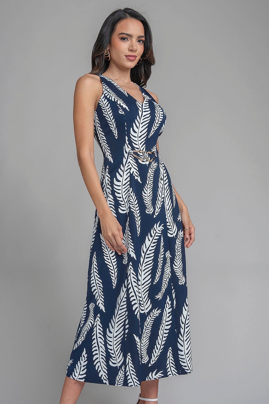 Vestido Largo Sin Mangas Con Estampado De Hojas