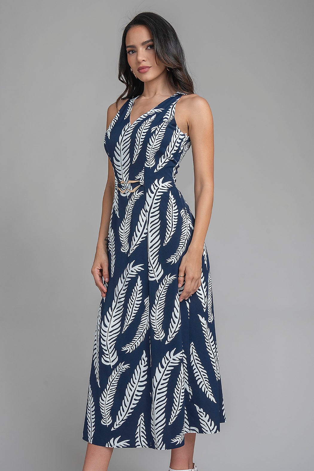 Vestido Largo Sin Mangas Con Estampado De Hojas