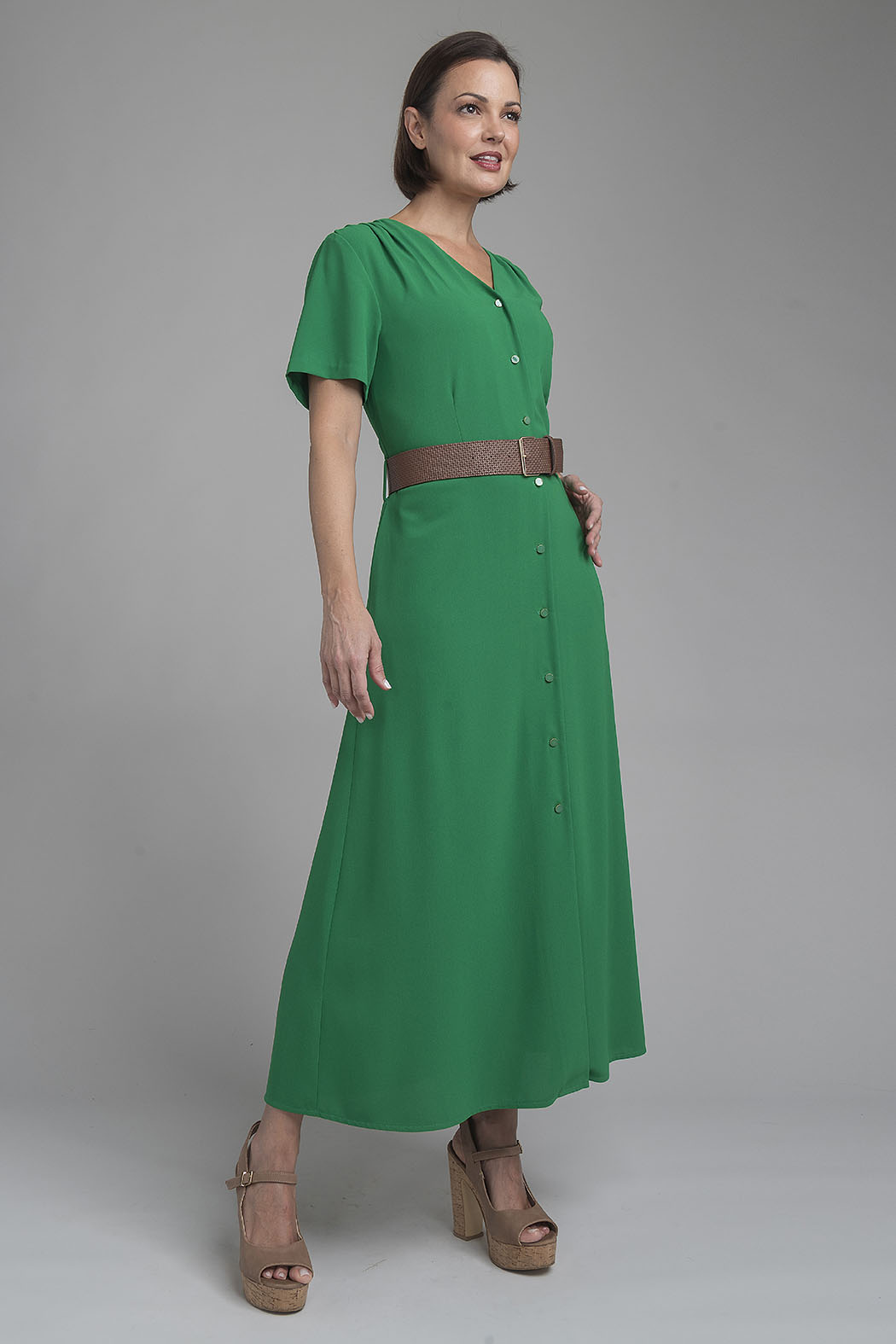 Vestido Largo Liso Con Cinturon