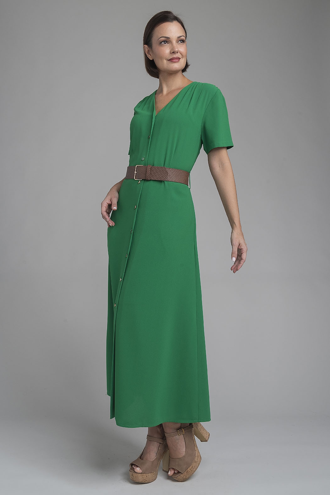 Vestido Largo Liso Con Cinturon