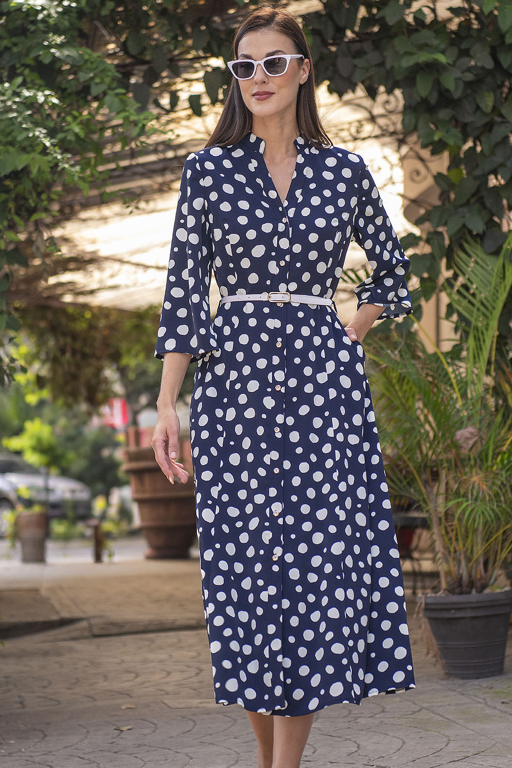 Maxi Vestido De Lunares Con Cinturon