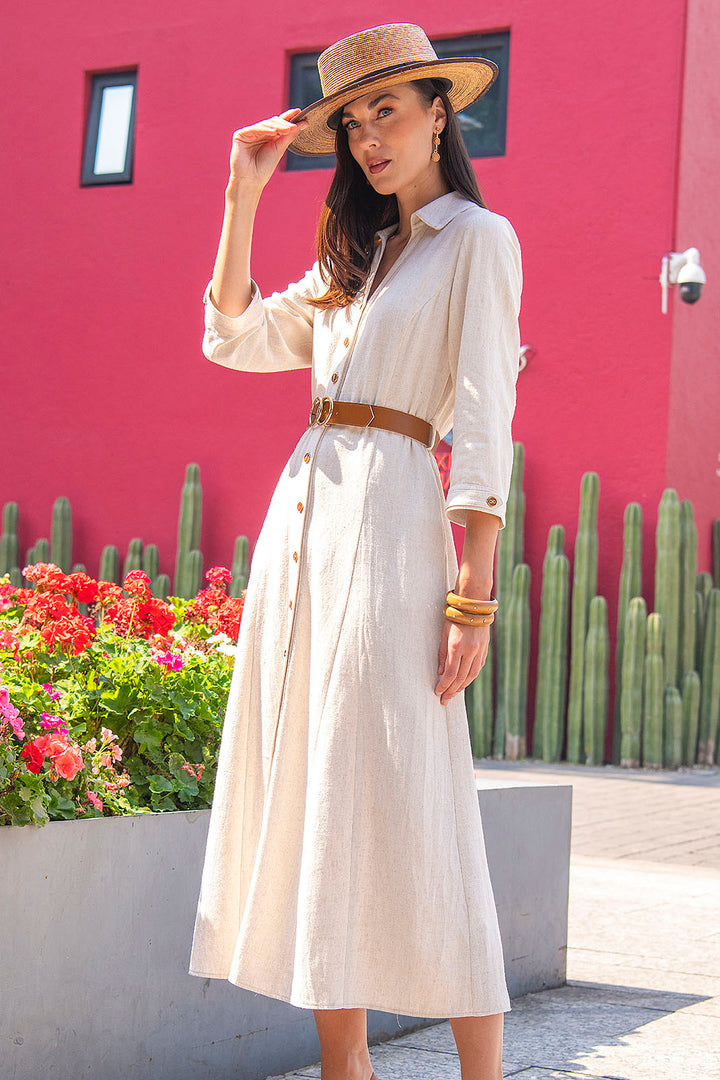 Maxi Vestido Con Botones Al Frente Y Cinturon