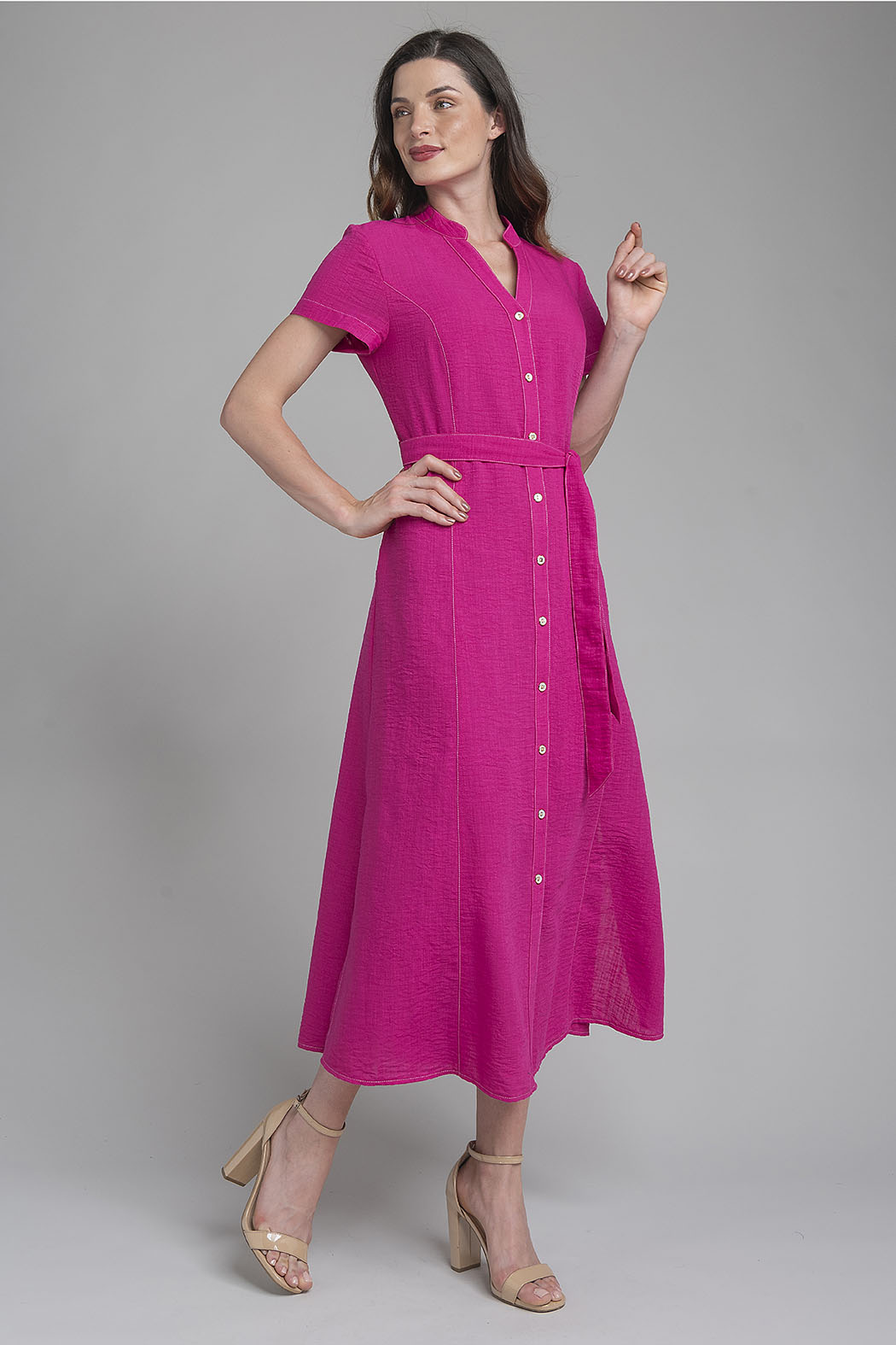 Maxi Vestido Con Manga Corta Y Banda En Cintura