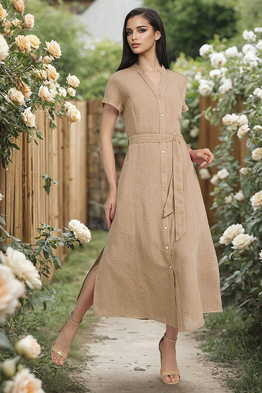 Maxi Vestido Con Manga Corta Y Banda En Cintura