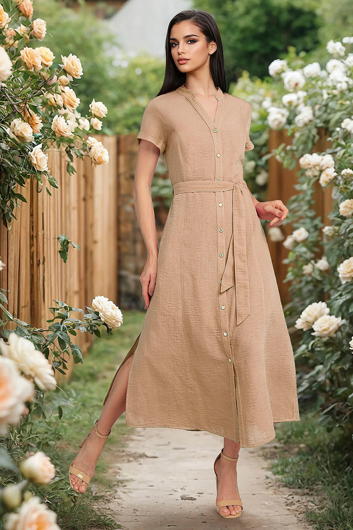 Maxi Vestido Con Manga Corta Y Banda En Cintura