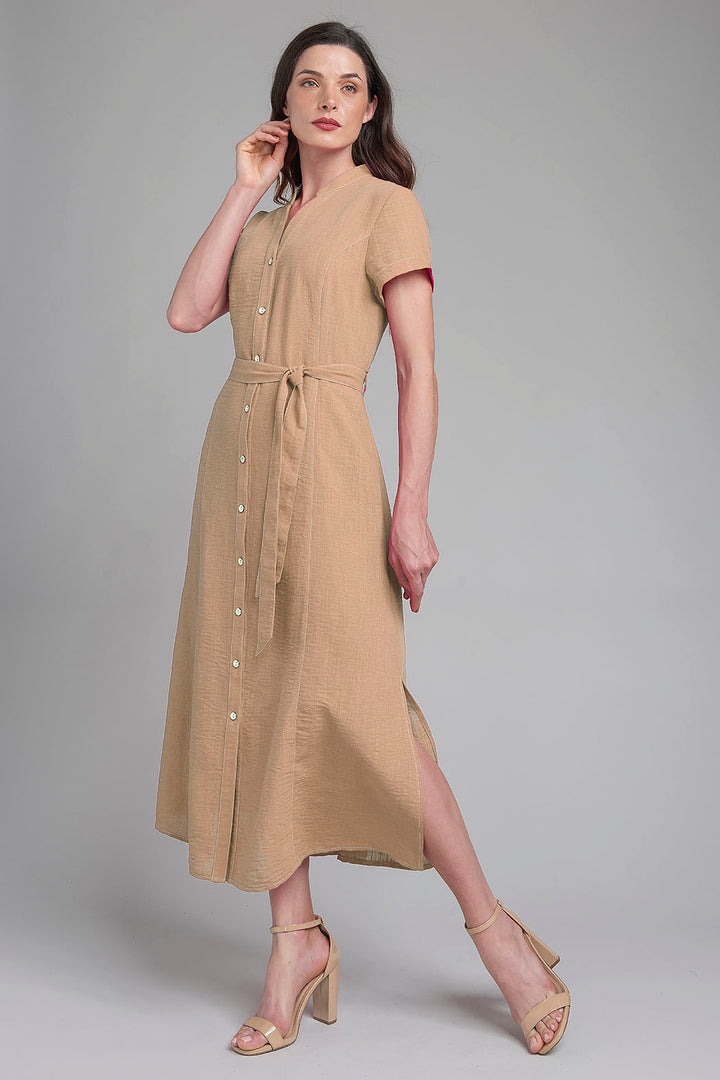 Maxi Vestido Con Manga Corta Y Banda En Cintura