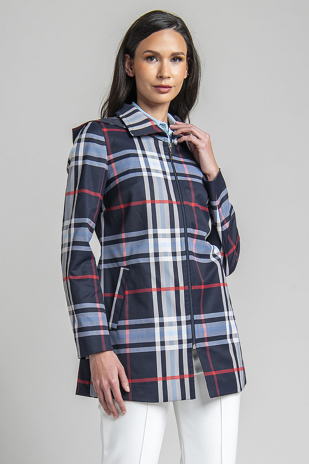 Gabardina Con Estampado De Cuadros Y Cierre