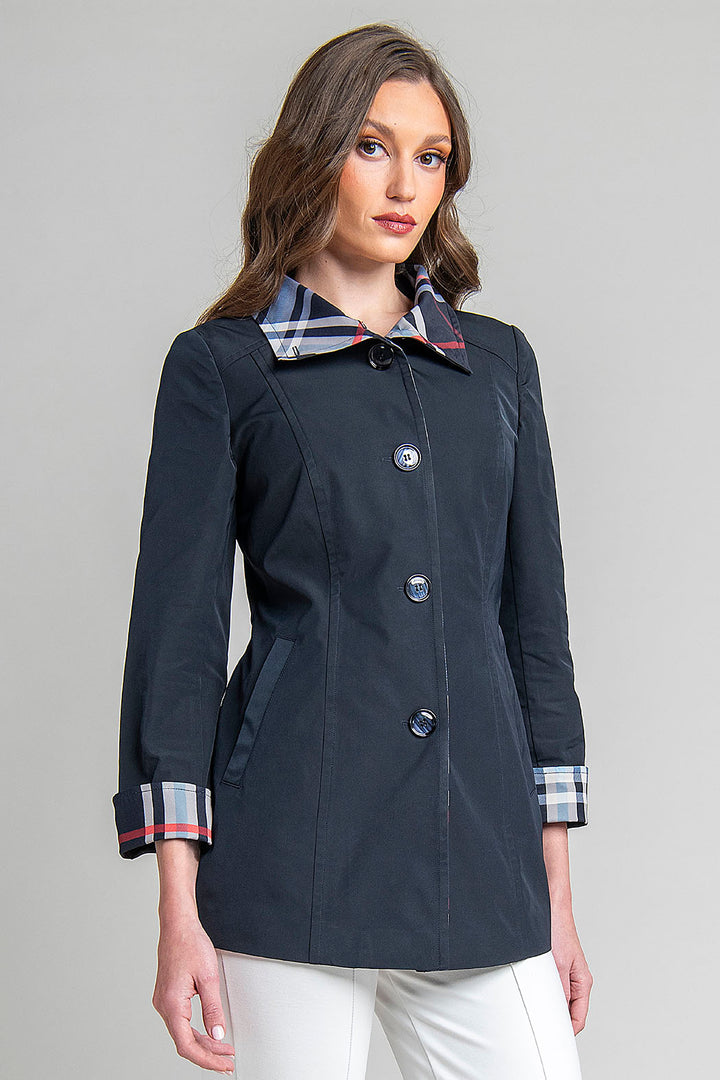 Gabardina Con Estampado De Cuadros En Cuello Y Puños