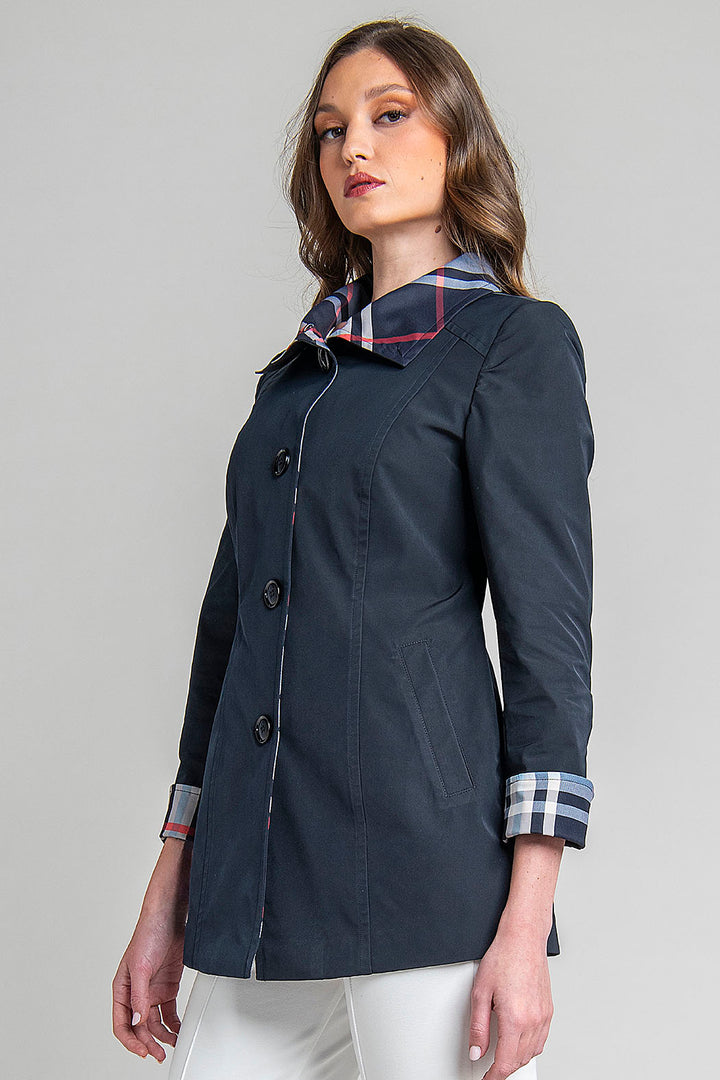 Gabardina Con Estampado De Cuadros En Cuello Y Puños