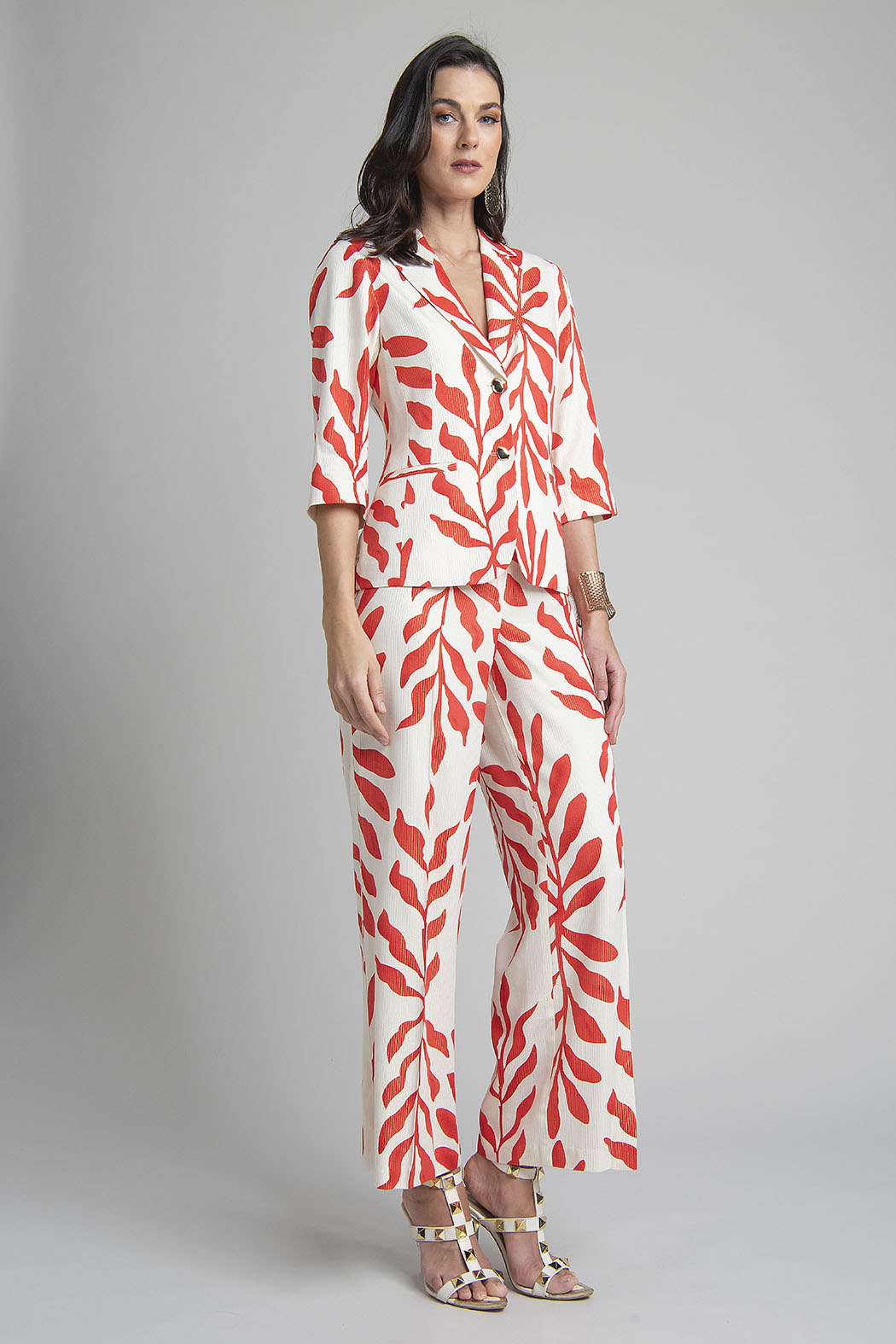 Conjunto De Pantalon Con Saco Estampado De Hojas