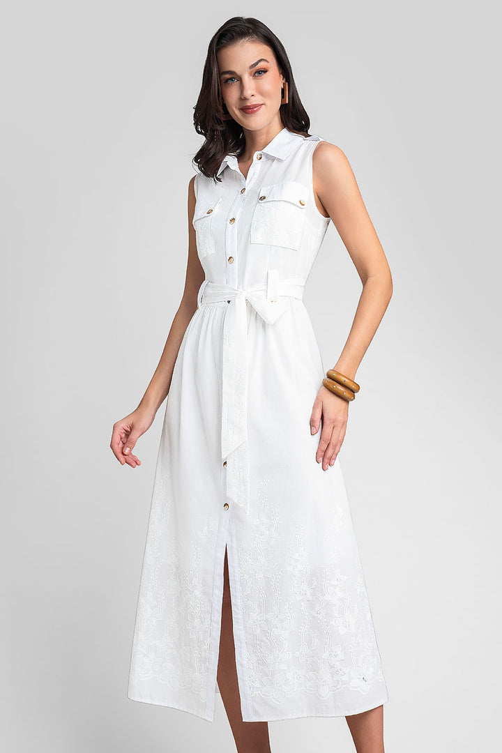 Vestido Camisero Sin Mangas Con Bordado Floral