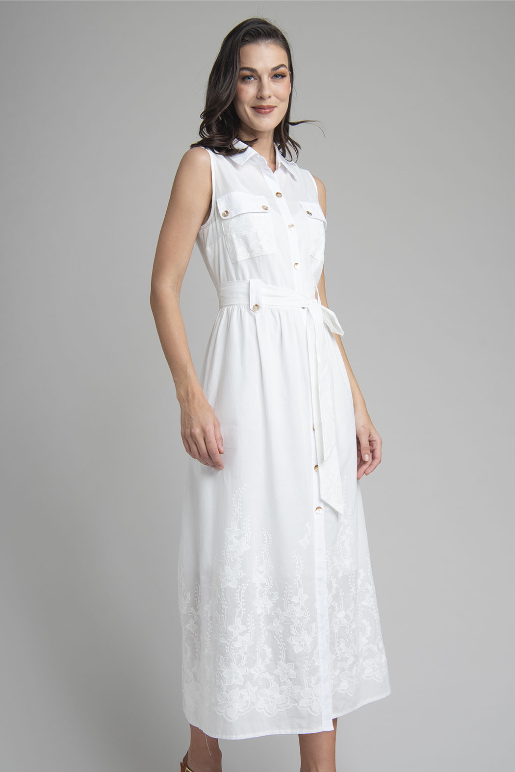 Vestido Camisero Sin Mangas Con Bordado Floral