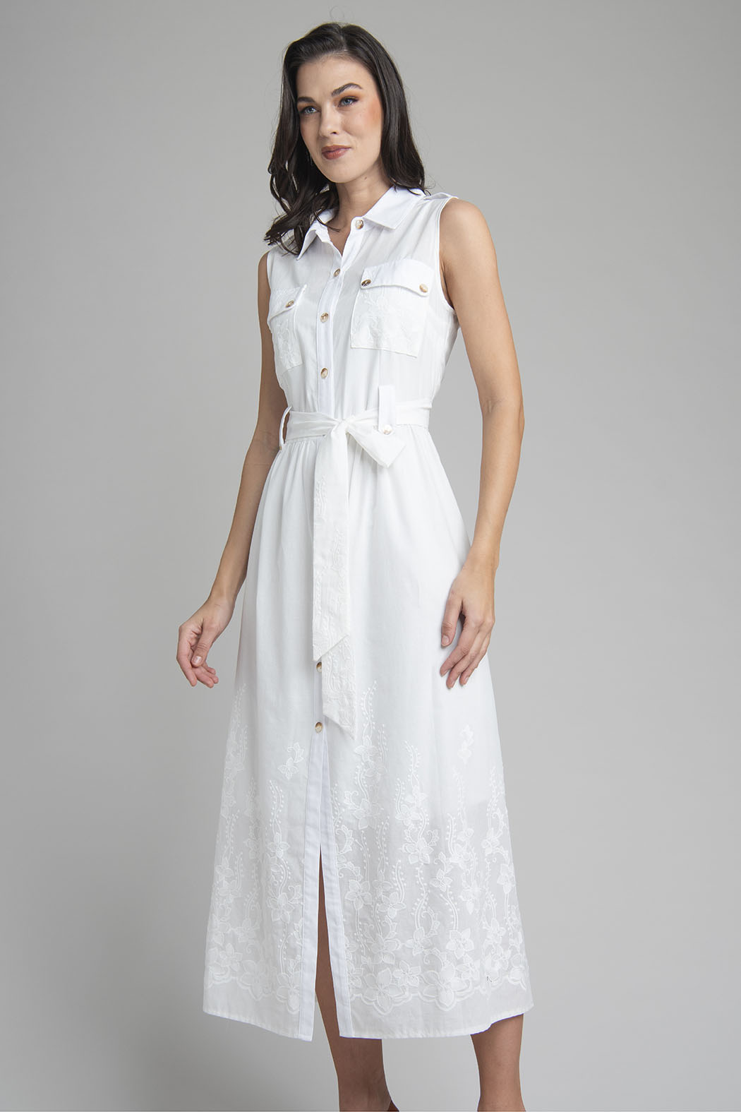 Vestido Camisero Sin Mangas Con Bordado Floral