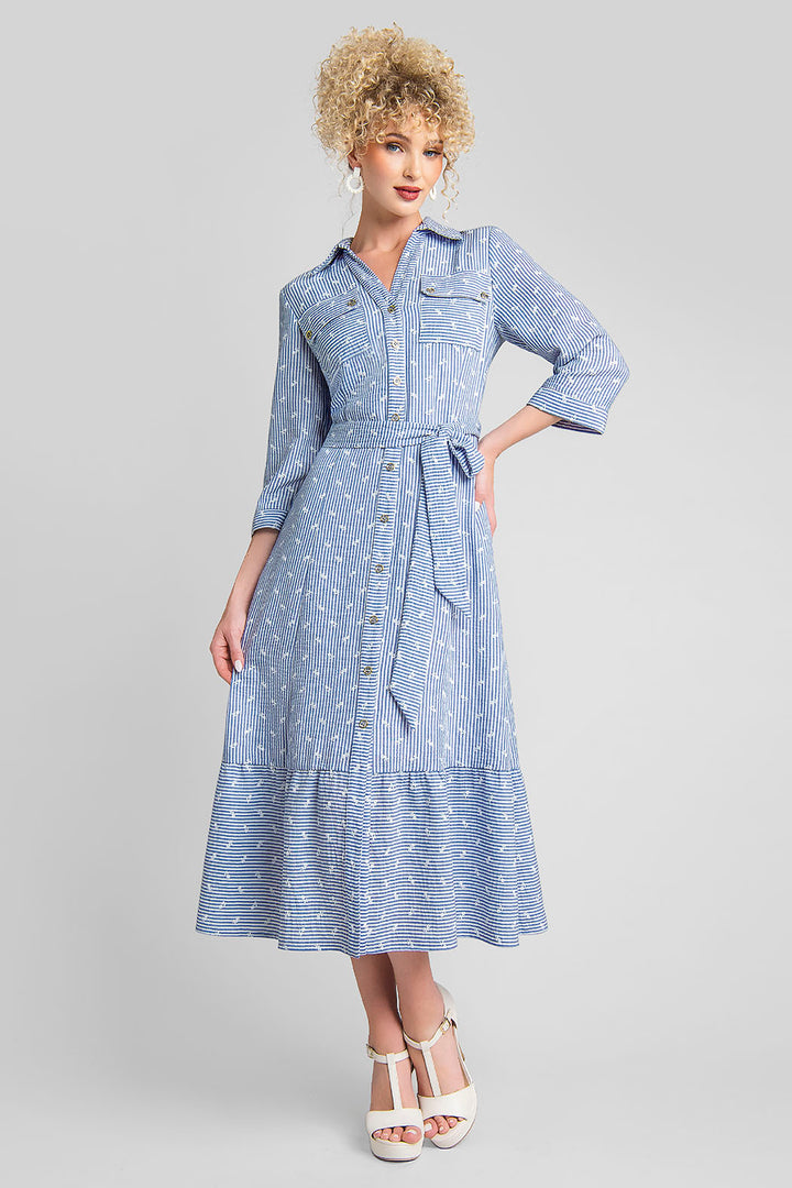 Vestido Camisero De Rayas Con Bordado Floral Y Cinturón