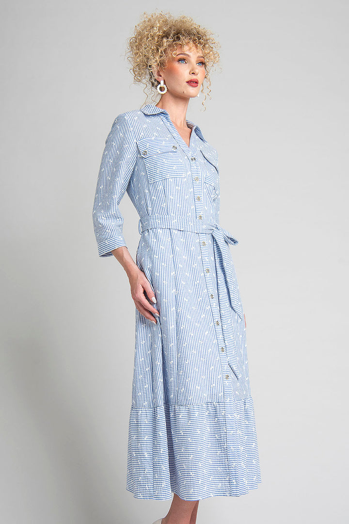 Vestido Camisero De Rayas Con Bordado Floral Y Cinturón