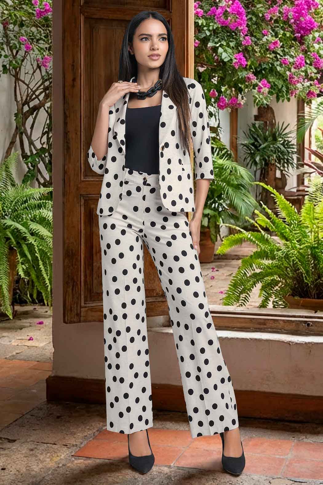 Conjunto De Pantalon Con Saco Estampado De Lunares