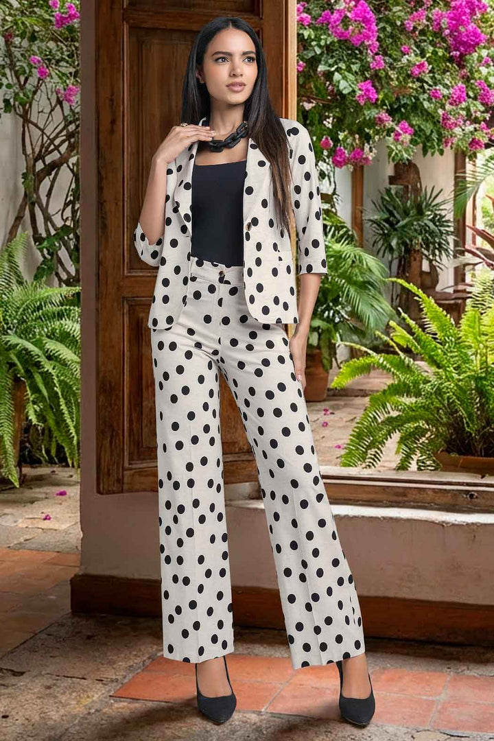 Conjunto De Pantalon Con Saco Estampado De Lunares
