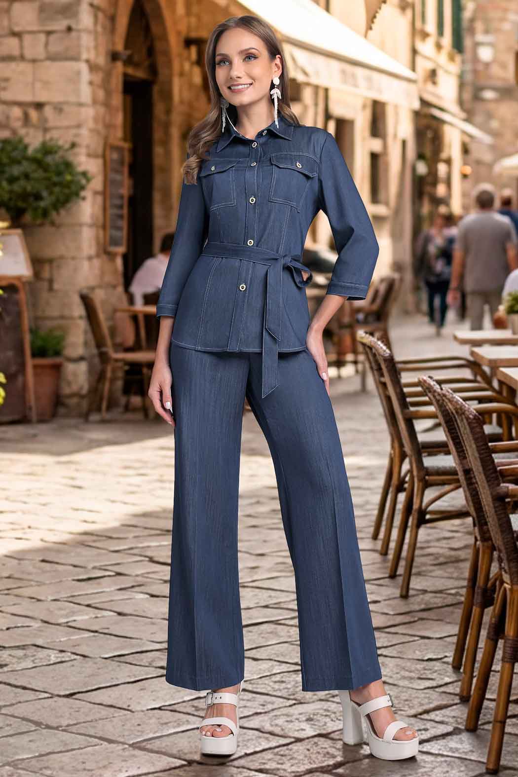 Conjunto De Pantalon Y Blusa Con Cinturon
